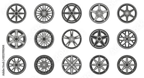 Fifteen circular car wheel rims with various spoke designs are arranged in a grid