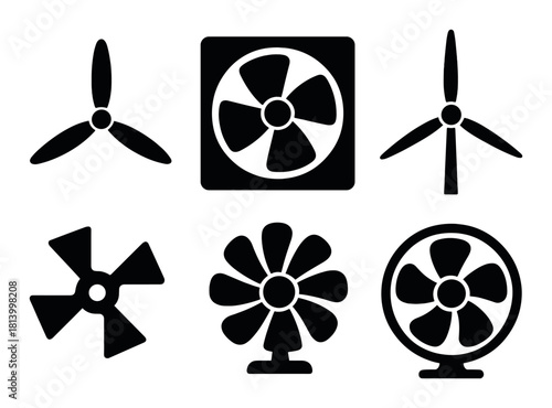 Silhouette icons of various fan designs on dark background