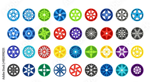 The image displays a grid of 35 unique colorful and circularlyshaped car wheel rims
