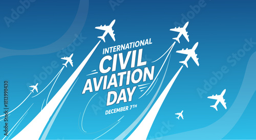 International Civil Aviation Day Celebration Graphic with Aircraft Silhouettes Flying Towards Blue Sky