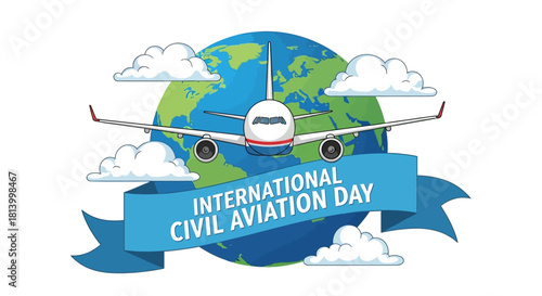 International Civil Aviation Day Celebration with Airplane Flying Over Earth Illustration
