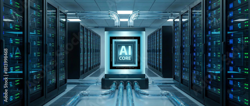 Futuristic data center with glowing server racks surrounding a massive illuminated AI CORE chip, cooled by transparent pipes in a high-tech environment