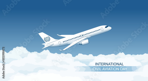 International Civil Aviation Day Concept White Passenger Jet Taking Off Above Clouds