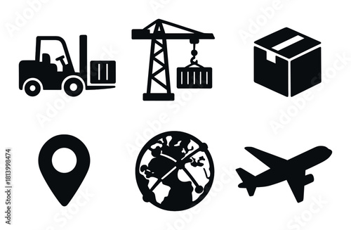 Silhouetted logistics icons: forklift, crane, box, location, globe, airplane