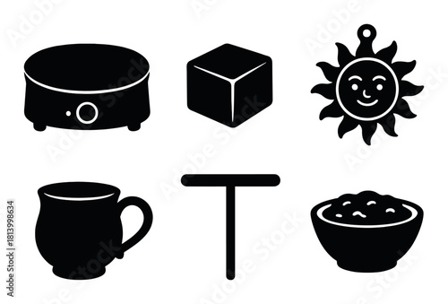 Silhouette icons of kitchenware, sun, and cube on dark background