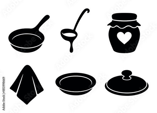 Silhouette icons of kitchen utensils and tableware on dark green background
