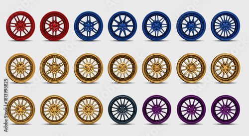 Graphic shows 21 car wheels in red blue gold gray  purple arranged in 3 rows on a light background