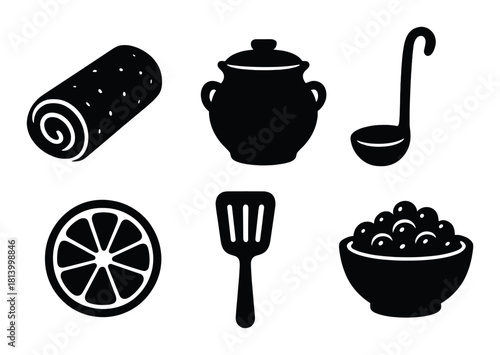 Silhouette of kitchen utensils and food elements on olive background