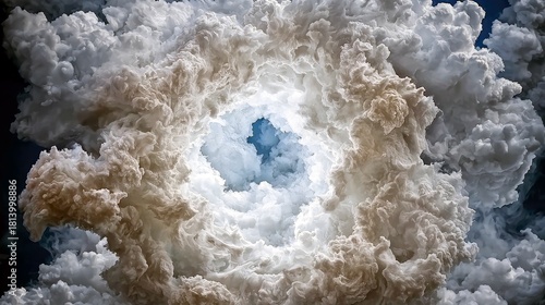 A dramatic, swirling vortex of smoke and clouds creates a tunnel-like effect, revealing a bright blue sky at its center.