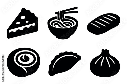 Silhouette icons of pie, noodles, bread, pastry, dumpling, bao on gradient background
