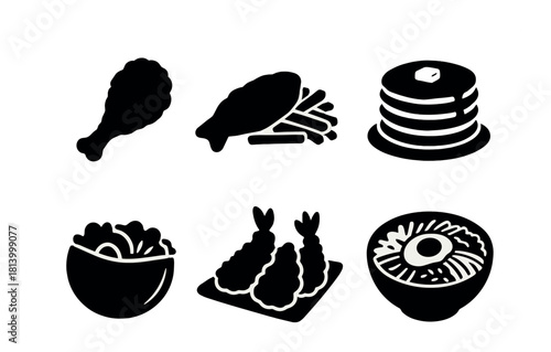 Silhouette icons of fried chicken, fish, pancakes, noodles, tempura, and ramen