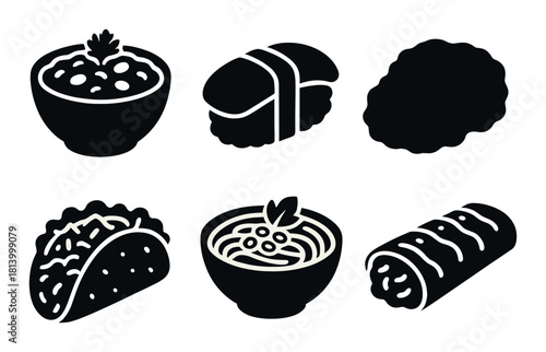 Black silhouette icons of global cuisines: sushi, taco, soup, wrap, meat