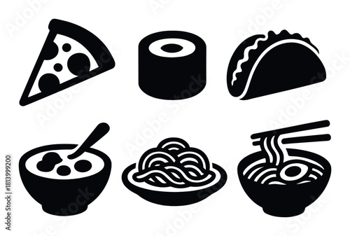 Icons of various foods including pizza, sushi, taco, cereal, spaghetti, and ramen