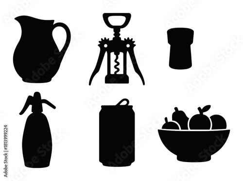 Silhouettes of kitchenware and beverages: jug, corkscrew, mug, syphon, can, fruit bowl