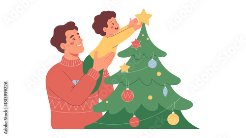Christmas tree decoration: A heartwarming scene unfolds as a father and child unite to adorn a Christmas tree, the child placing a star atop in a moment filled with familial love and holiday cheer.