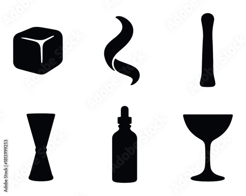 Silhouette icons of ice cube, flame, spoon, cocktail shaker, dropper, and wine glass