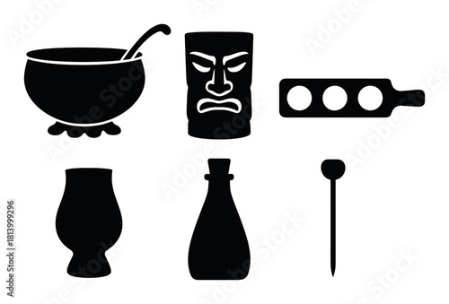Silhouettes of tiki glasses and cocktail utensils on dark background
