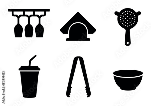 Silhouette icons of kitchen items: glasses, house, colander, cup, tongs, bowl