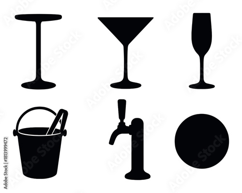 Silhouette set of drinkware and bar tools on subtle brown background