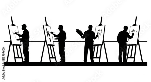Painter Silhouette Vector Showing Work Stages — Sketching, Painting, Observing, Signing Artwork

