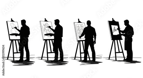 Painter Silhouette Vector Showing Work Stages — Sketching, Painting, Observing, Signing Artwork


