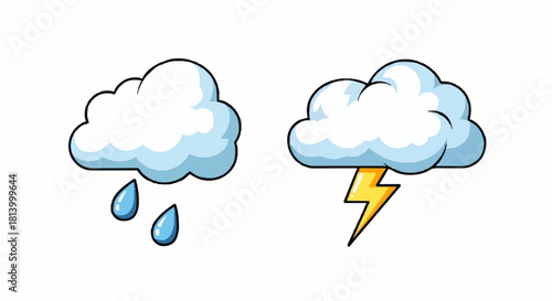 Two cartoon clouds, one with raindrops falling and the other with a lightning bolt, on a white background.