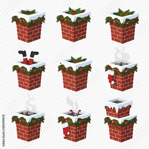 Christmas chimneys with snow, garland, and Santa Claus stuck in one.