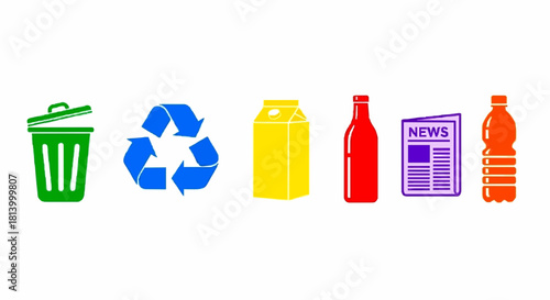 A row of colorful vector icons representing waste management and various recyclable materials.