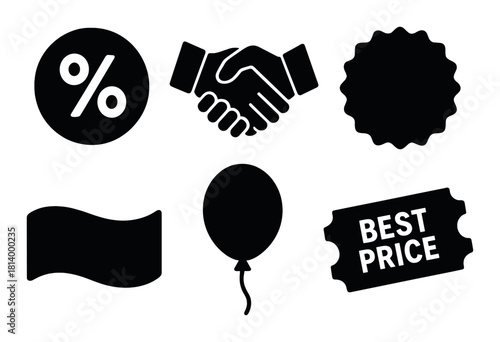 Black silhouettes of discount symbol, handshake, seal, flag, balloon, and best price tag