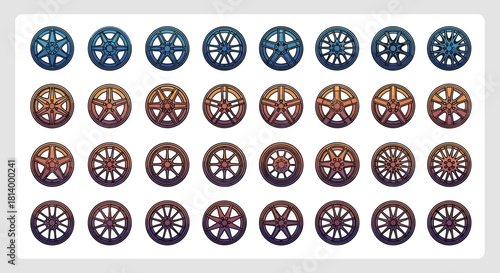 Array of car wheels showcasing various spoke designs and color gradients