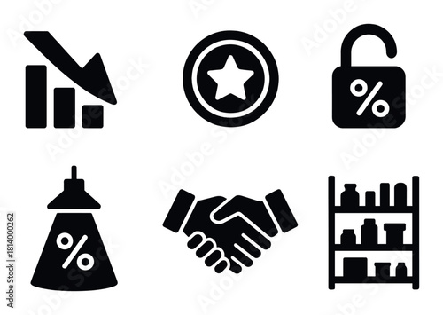 Dark theme icons: graph, star, lock, light, handshake, shelf