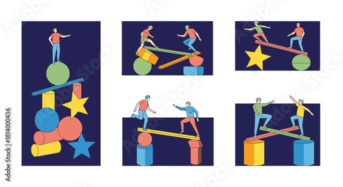 Illustrative depiction of individuals balancing on precarious structures composed of geometric shapes, symbolizing equilibrium.