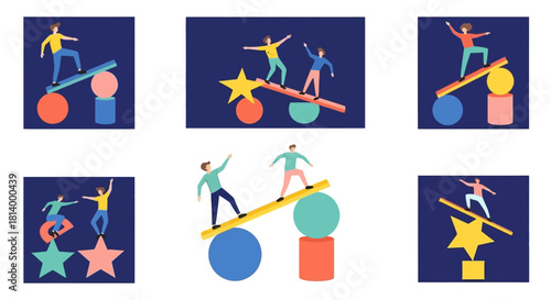 Illustrations of people balancing on objects, teamwork and stability concept.