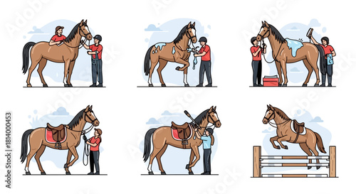 Illustrated sequence showing the process of grooming and saddling a horse for equestrian show jumping.
