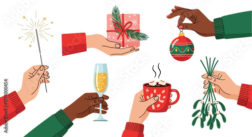 A collection of hands holding various festive holiday items like a sparkler, gift, ornament, champagne, hot chocolate, and mistletoe.