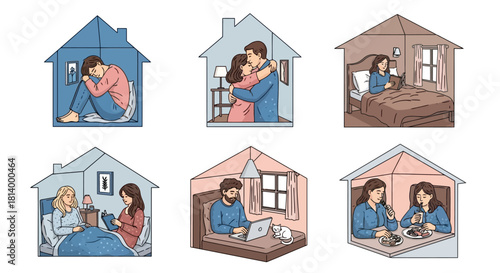 Illustrations depicting various human experiences and emotions within the confines of home, including sadness, affection, reading, working, and dining.