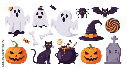 Halloween themed vector illustration with ghosts, pumpkins, cat, and other spooky elements.