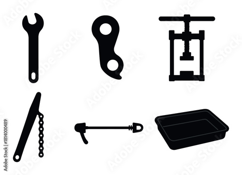Bicycle maintenance tools: wrench, chain whip, cassette lockring, bottom bracket, rotor truing fork
