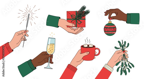 A collection of diverse hands holding various festive items for a Christmas or New Year's celebration.