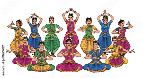 Group of women in traditional Indian dance costumes performing a dance.