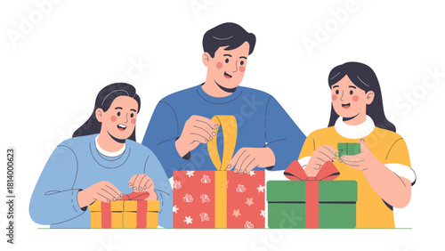 Gift Giving Together: Three individuals bond over the art of giving, delicately wrapping gifts with care and anticipation. A testament to the spirit of generosity, this scene exudes warmth.
