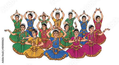 A large group of Indian classical dancers in colorful traditional attire performing a synchronized routine on a white background.