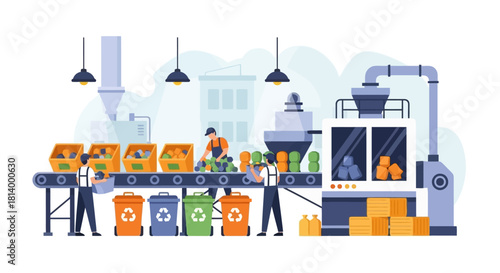 Workers sort and process recyclable materials on a conveyor belt in a modern recycling plant.