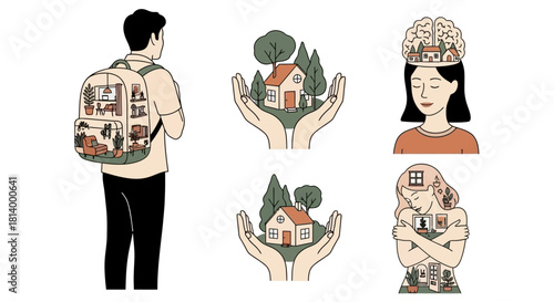 A collection of illustrations depicting concepts of home, self, mind, and environment, featuring people, houses, and nature.