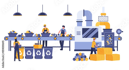 Illustration of a recycling plant with workers sorting materials and operating machinery.