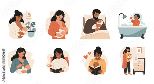 Collection of illustrations depicting mothers and fathers bonding with their babies, including breastfeeding, holding, bathing, and reading.