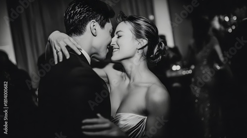 Black and white photo of bride and groom dancing at wedding reception