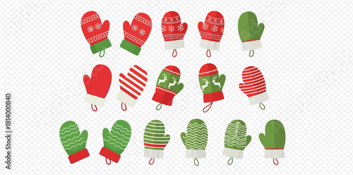 Festive mittens in red and green colors with various patterns.
