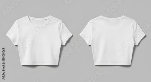 Two white crop tops are displayed, one showing the front and the other the back, against a light gray background.