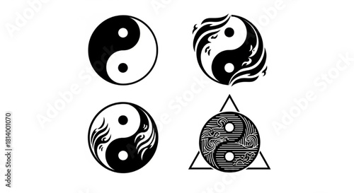 Yin‑Yang Silhouette Vector Showing Design Variations — Classic, Flame, Wave, Triangular Forms

